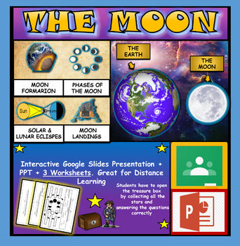 The Moon, Space |2nd-6th| Interactive Google Slides + Powerpoint + 3 Worksheets